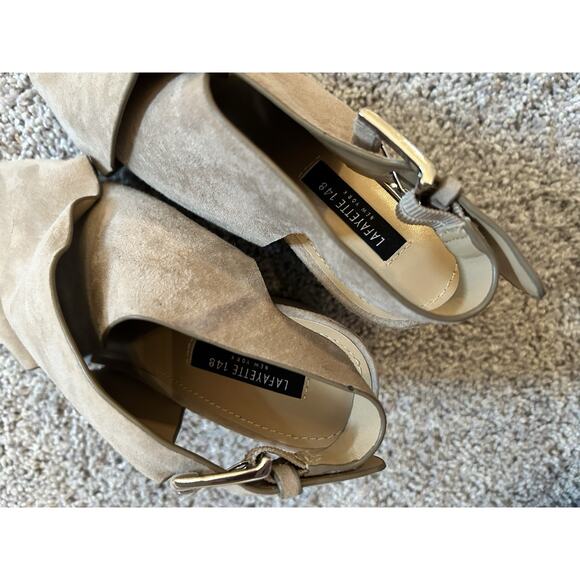 Lafayette 148 Covell Sandals Sz 6.5 Neutral Beige Suede Leather Slingback Heels - Picture 11 of 13